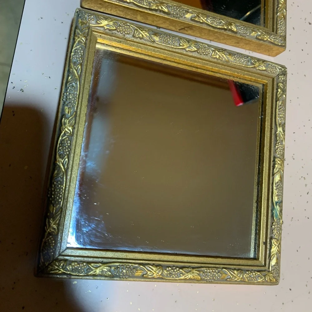 pair of vintage Home Interiors (Homco) square accent mirrors featuring an ornate